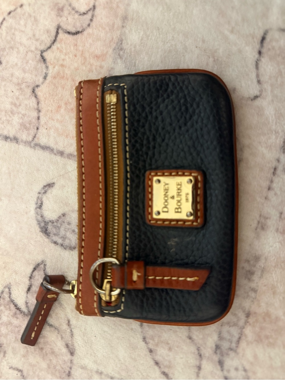 Dooney & Bourke Black Pebbled Leather Coin Pouch with Brown Trim